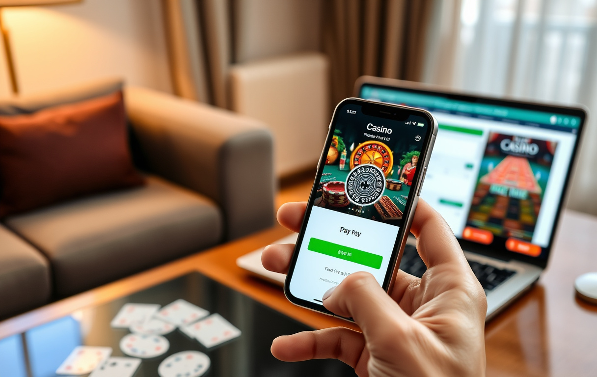 Person som setter inn penger på nettcasino med Apple Pay via iPhone og Face ID