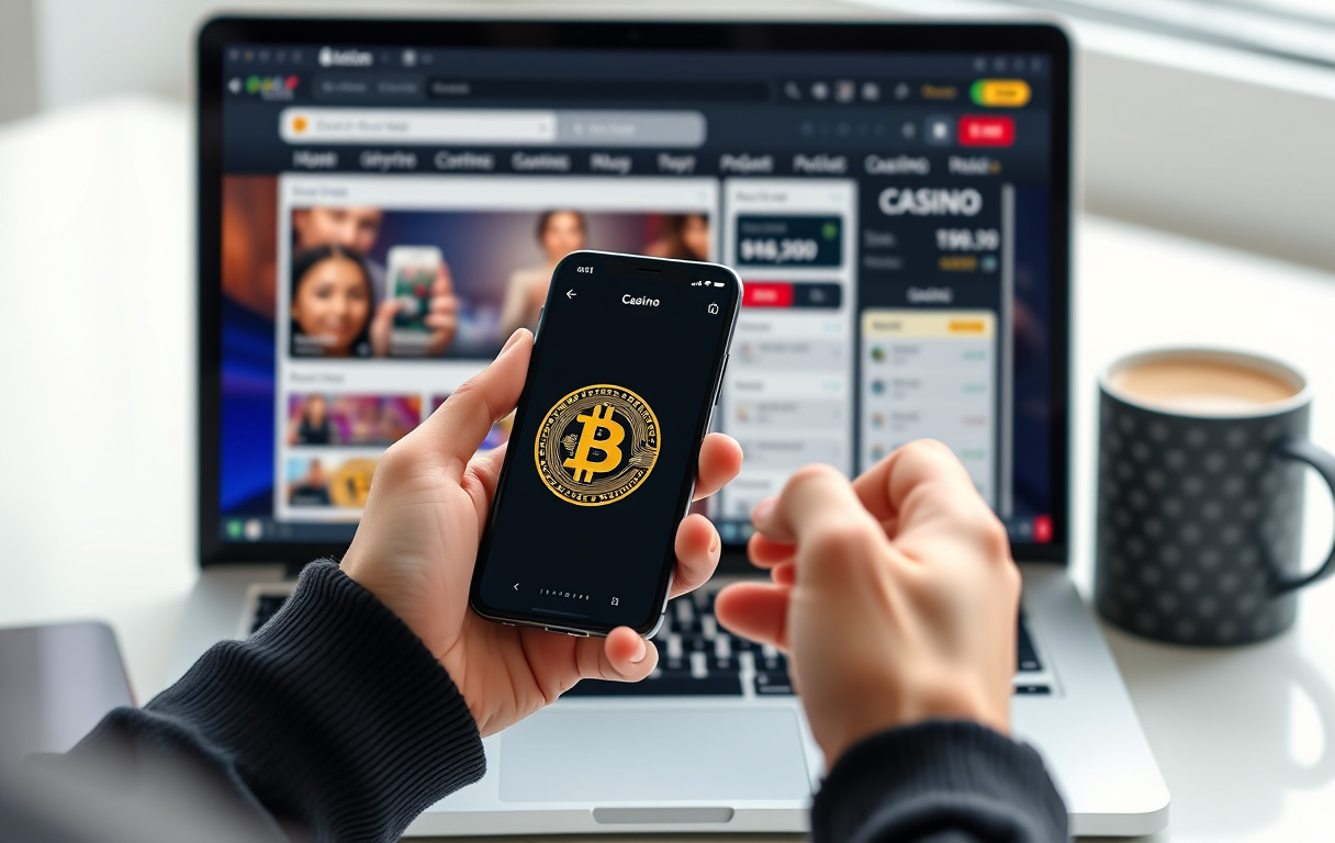 Person som skanner Bitcoin QR-kode på mobilen for innskudd på nettcasino.