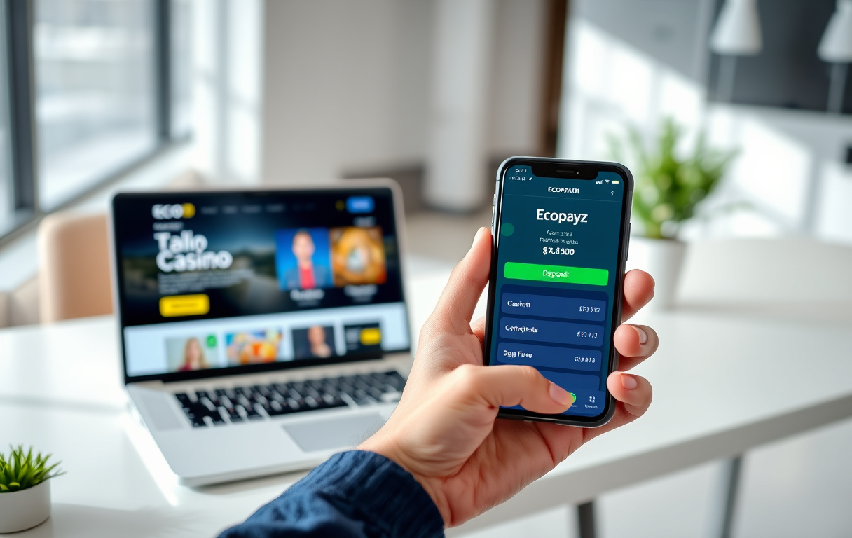 Person med mobil som viser Ecopayz-appen for casino-innskudd