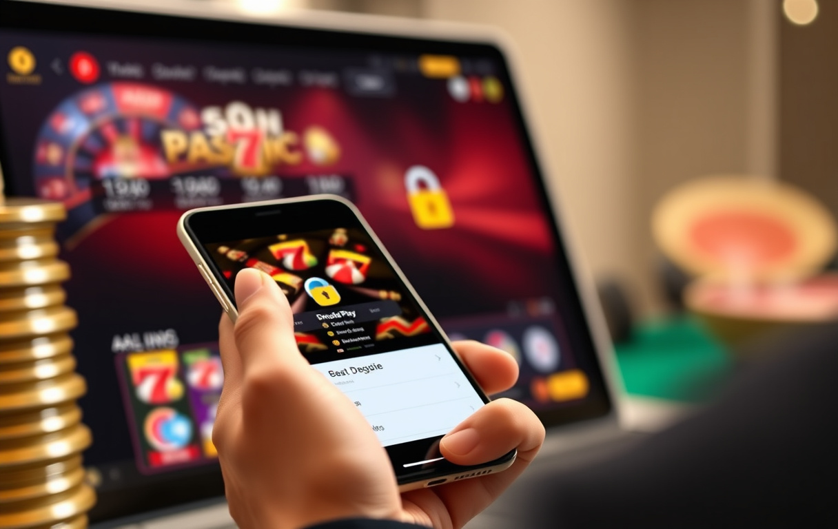 Person som bruker Google Pay på mobil for casinoinnskudd
