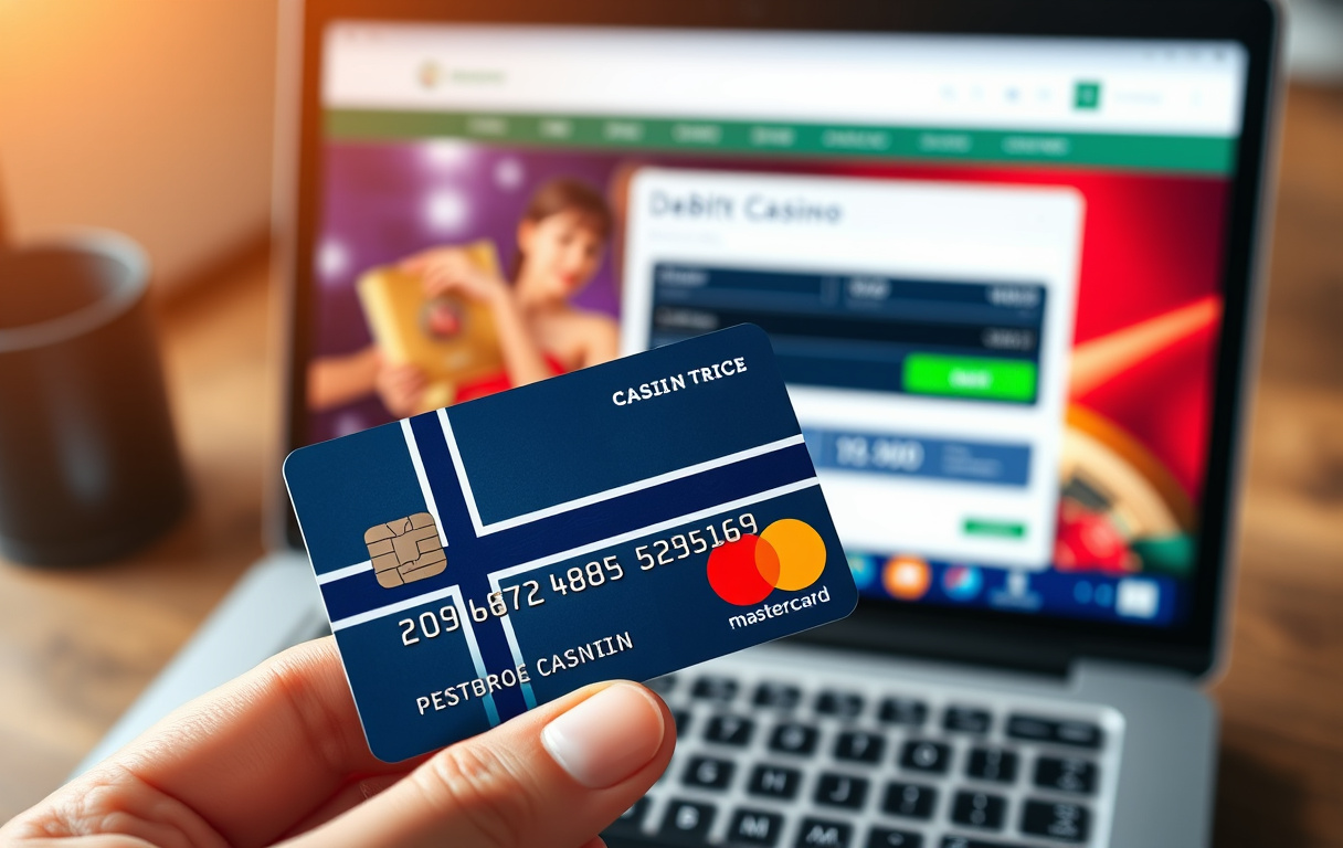 Norsk debetkort med Mastercard-logo foran en casinoinnskuddsside på en laptop