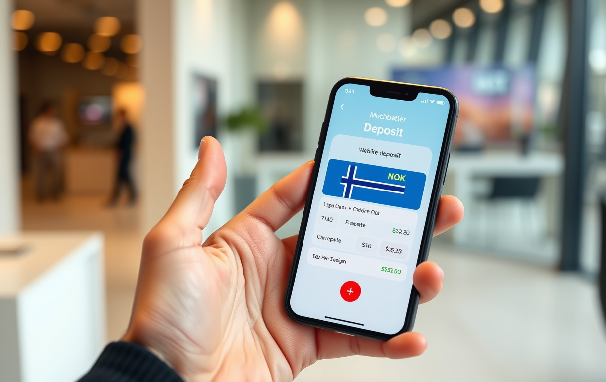 Mobiltelefon med Muchbetter-appen og casino-innskuddsskjerm, norsk flagg og NOK-symbol
