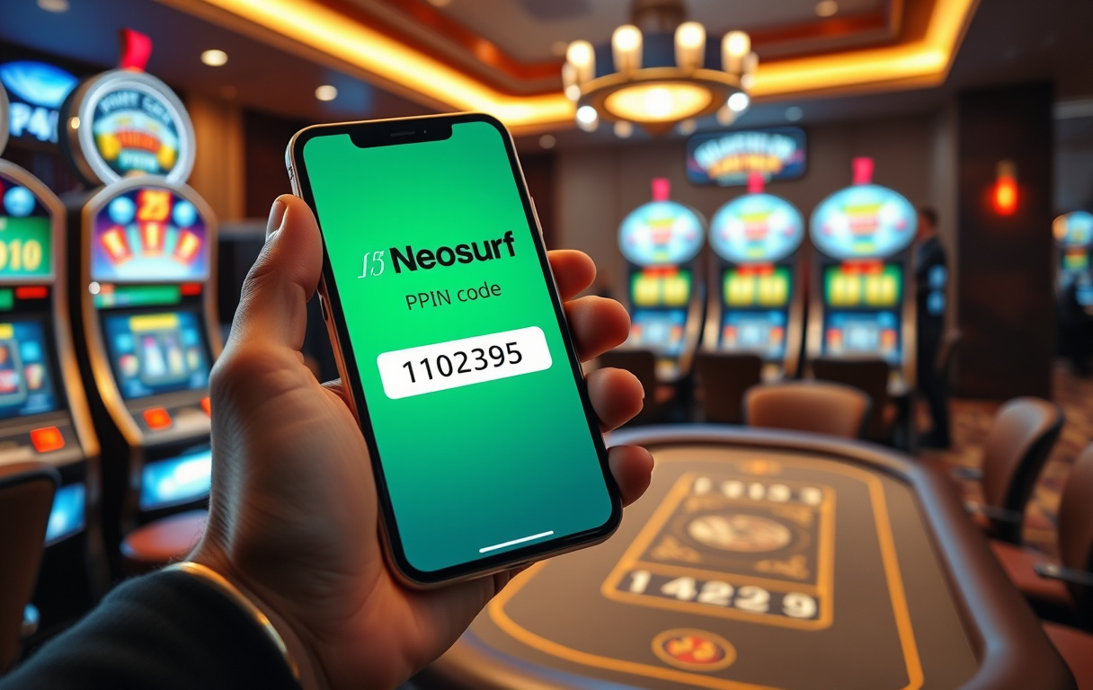 Person med mobil som viser Neosurf-PIN foran et casino