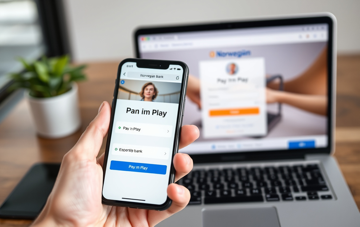 Smarttelefon med Pay n Play-valg i casino-kassen, med norsk banklogin i bakgrunnen.