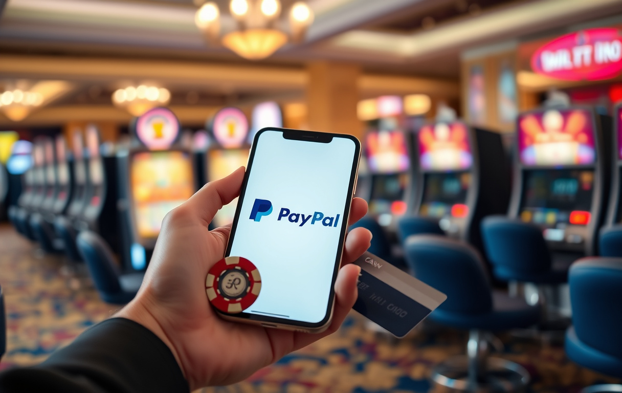 Person med mobiltelefon som viser PayPal-logo, ved siden av kasinochip og bankkort i et kasino-miljø.