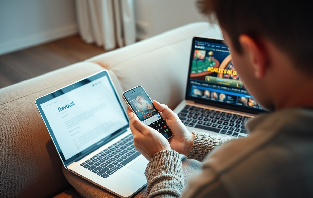 Person som bruker Revolut-appen på mobil for å betale på et nettcasino