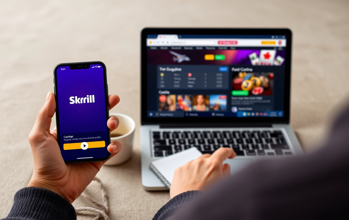 Person som bruker Skrill-appen på mobil for å sette inn penger på et nettcasino, med laptop og kaffekopp på bordet.
