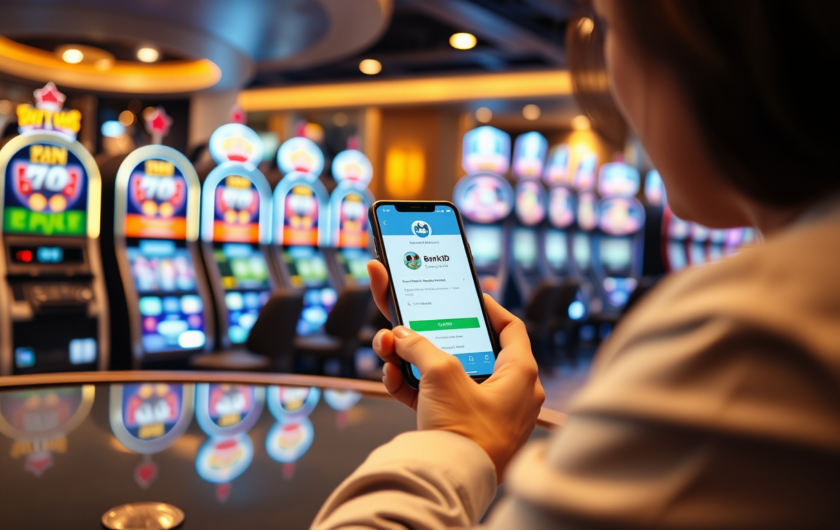 En person som bruker mobilen til å betale på et casino med BankID, moderne casino-miljø.