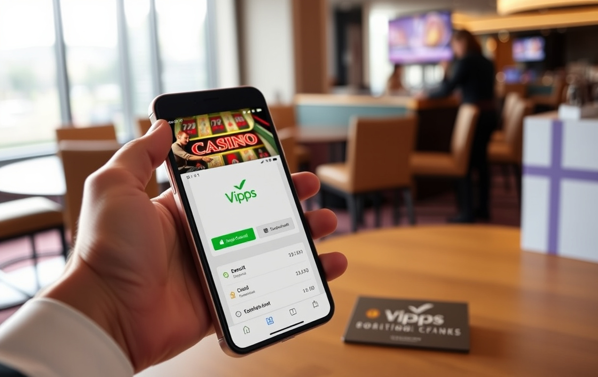 Person med mobiltelefon som viser Vipps-appen og casinoinnskuddsskjerm, med norsk bankkort i bakgrunnen.