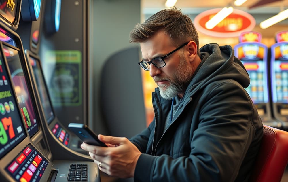 En person som holder en mobiltelefon med 200 kr gratis bonus på skjermen, med spilleautomater i bakgrunnen.