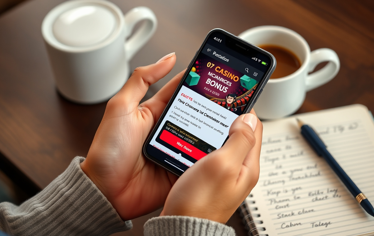 Person som holder en mobiltelefon med et casino bonustilbud på skjermen, med notatbok og kaffekopp i bakgrunnen