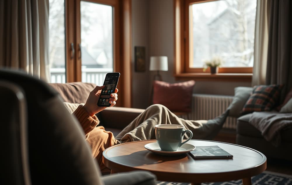 Person som holder en mobiltelefon med kaffekopp på et bord i en norsk stue