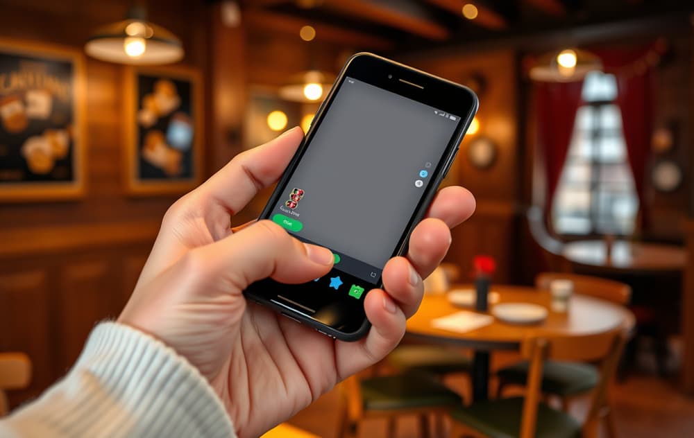 Nærbilde av en mobilskjerm med et casinospill og en tekopp ved siden av