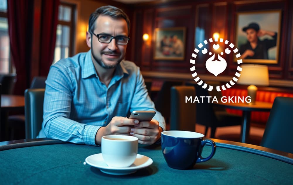 En person med mobiltelefon og kaffekopp, med MGA-lisenslogo på skjermen.