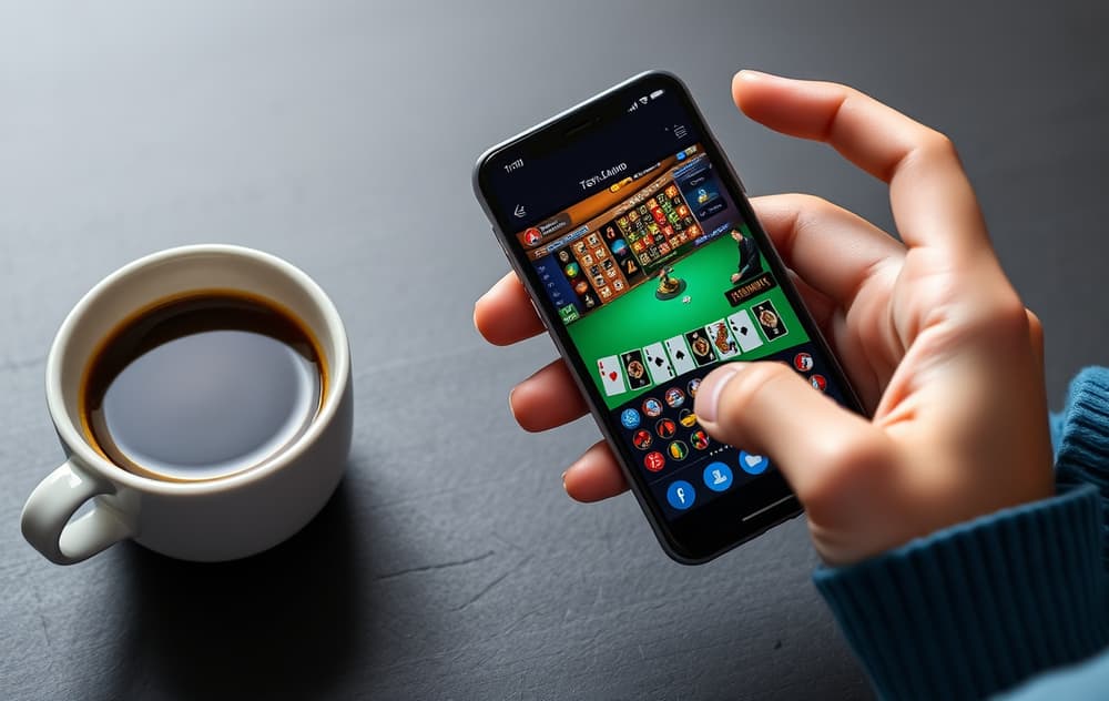 Person som spiller på mobiltelefon med casinoapp, ansvarlig spilling.