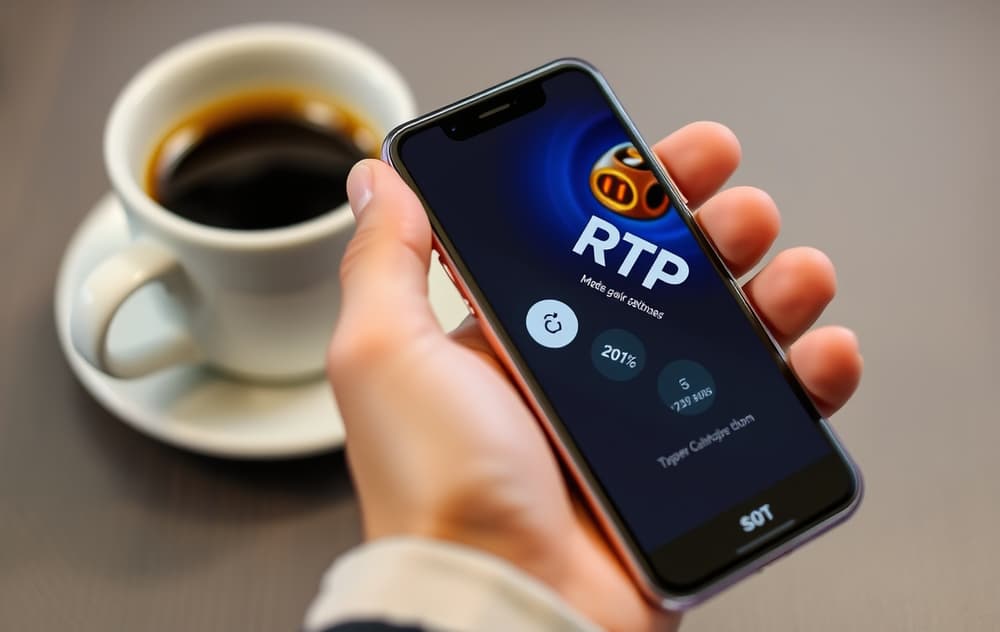 En person holder en mobiltelefon som viser spillinformasjon med RTP-prosent, med kaffekopp i bakgrunnen.