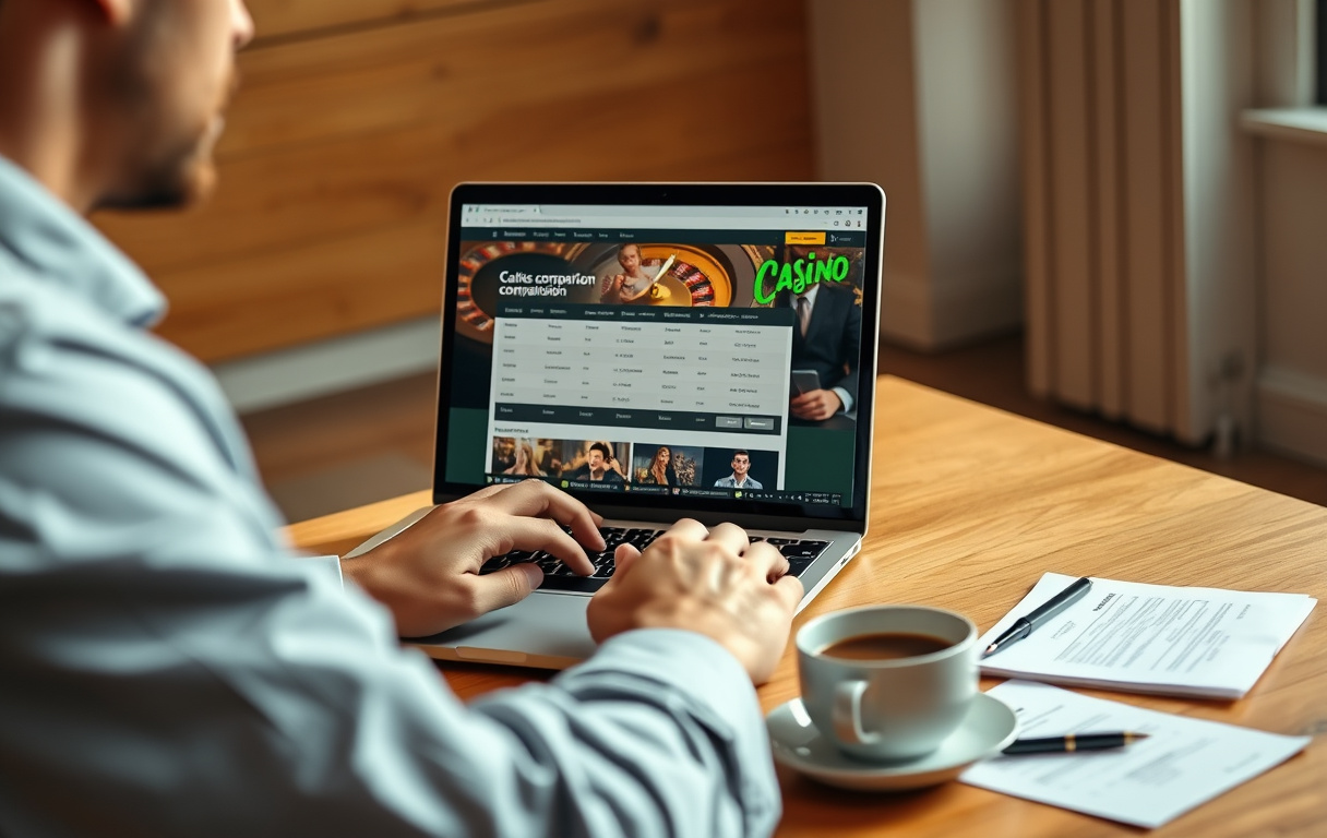 En person som sitter ved et skrivebord og sammenligner casinoer på en bærbar PC, med kaffekopp og notater foran seg.
