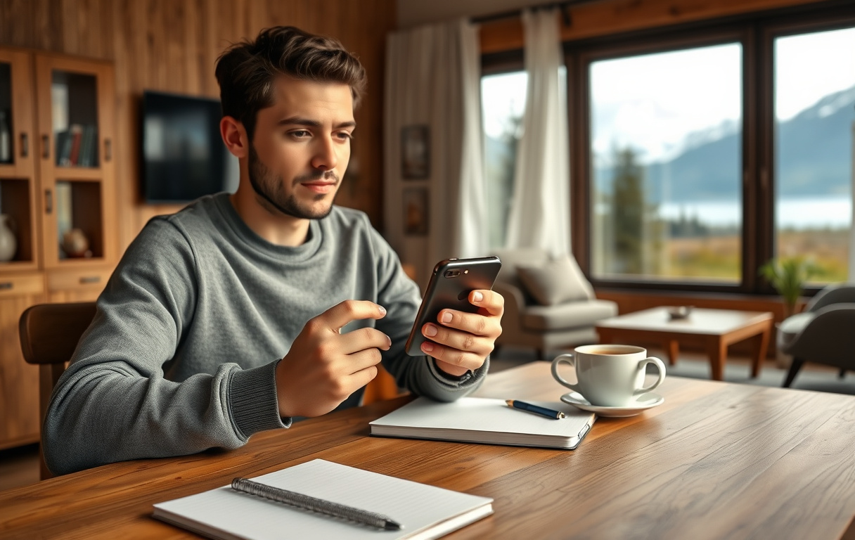 Person med mobiltelefon med casino-app, kaffekopp og notatblokk på bordet, koselig stue med norsk natur utenfor vinduet.