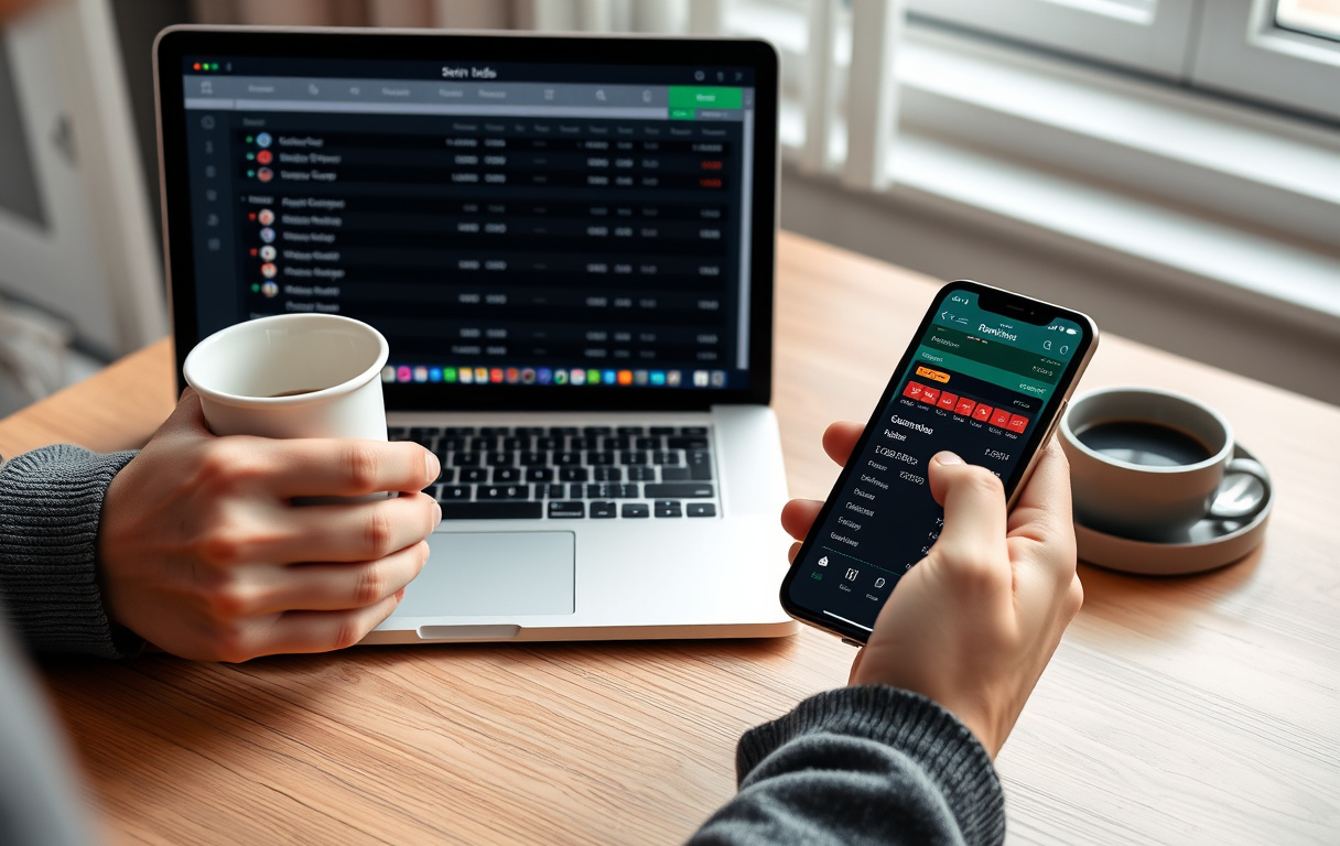 Person som sammenligner odds på laptop og mobil