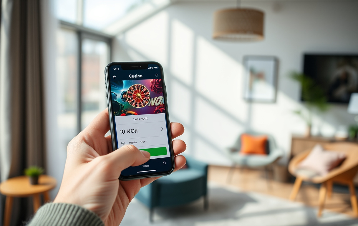 Person med smarttelefon som viser et casino med 10 kroner innskudd, moderne norsk interiør.