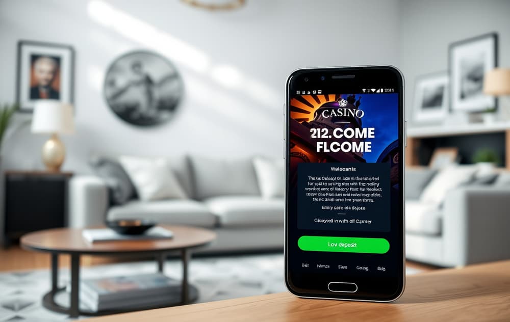 Smarttelefon med casino-app som viser lavt innskudd-tilbud.