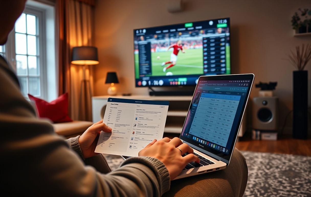 Person som sammenligner fotballodds på laptop med kamp på TV i bakgrunnen