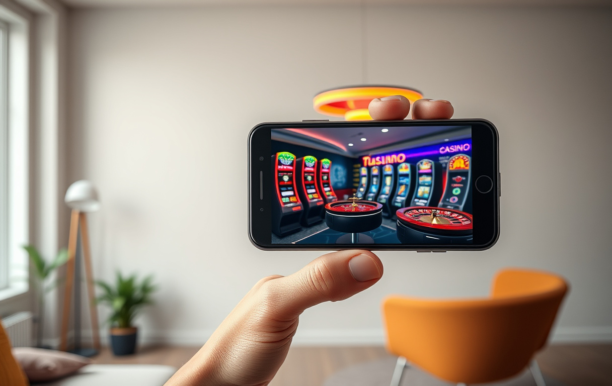 Mobiltelefon med casino-spill på skjermen, illustrasjon av mobilcasino på norsk nettsted.