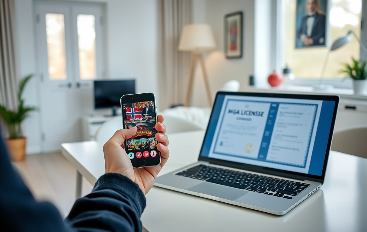 Person som sjekker lisens og casino på mobil og PC, med norske kroner og flagg