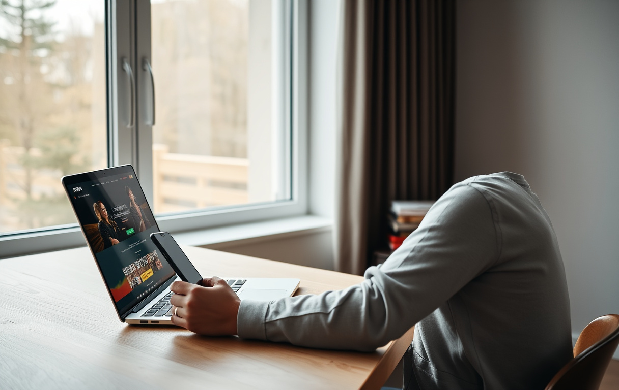 Person som sammenligner nye casinoer på mobil og pc